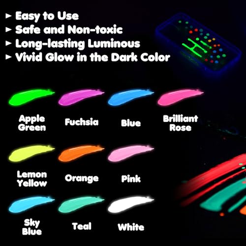 Roizefar Fabric Paint, 10 Colors Glow in the Dark Paint, 3D Permanent Acrylic Textile Paint (20 ml/0.68 oz), Neon Craft Painting Fabric Paint for Clothes, Canvas, T-Shirt, Ideal for Art Supplies and