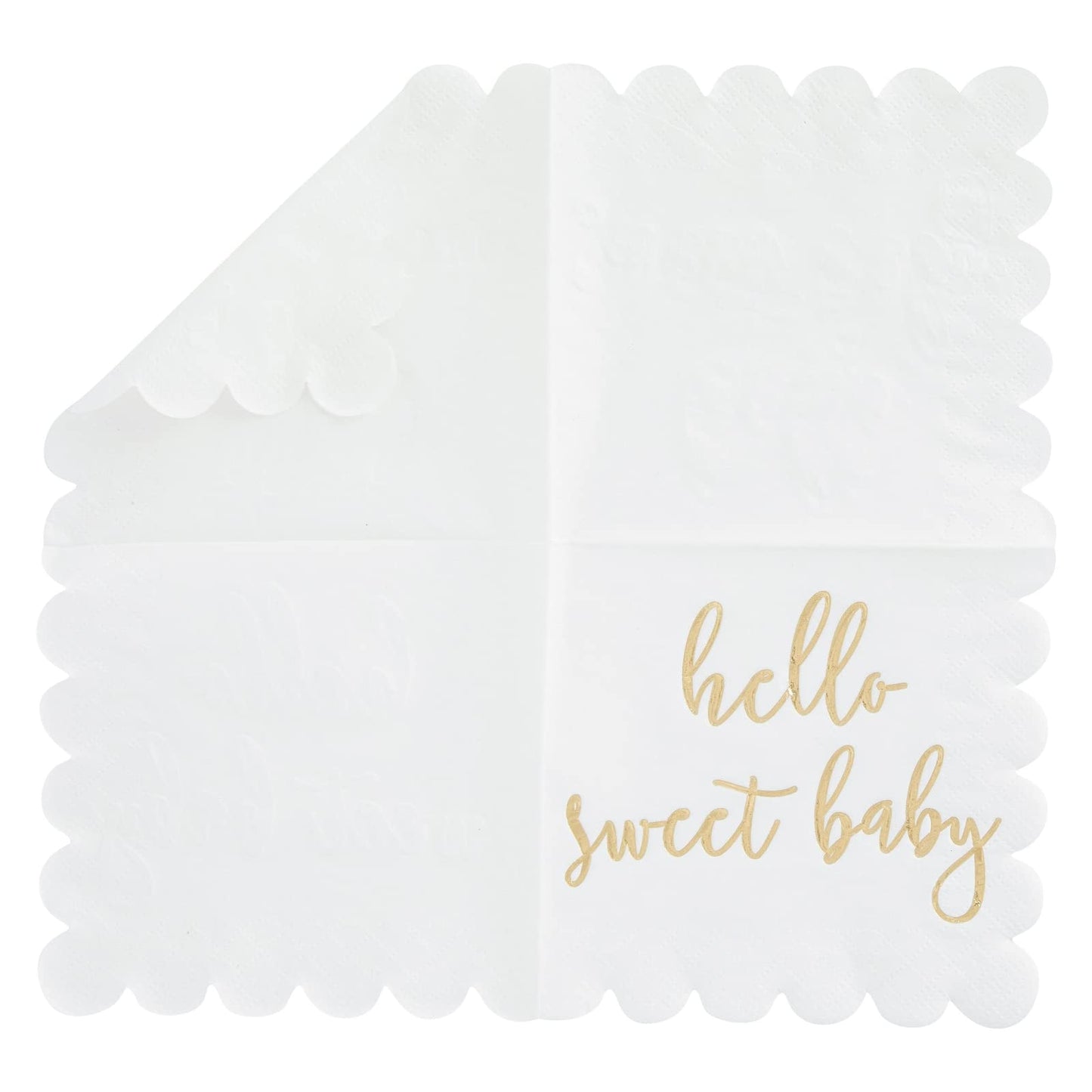 50 Pack 5x5 Inch White Scalloped Napkins with Gold Foil Hello Sweet Baby - Gender Neutral Baby Shower Napkins & Table Decor for Boy Girl Sprinkle Decorations