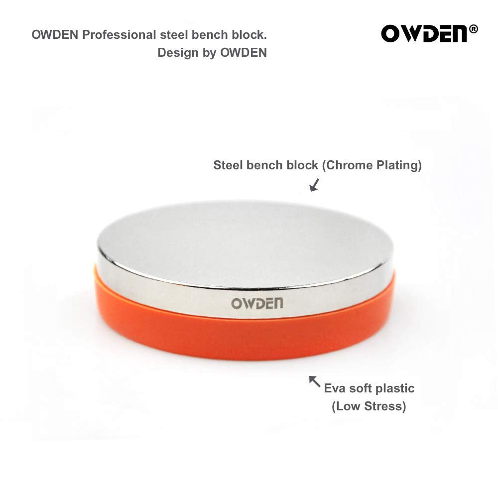 OWDEN Professional Steel Bench Block（No Rebound), Metal Bench Block for Jewelry Stamping Tool,(Diameter: 3 Inches, Height: 3/4 Inch) Steel Part: Mirror Polishing with Chrome Plating.