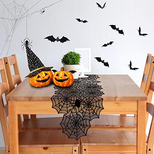 Nialnant Halloween Decoration Table Runner with 12 Pack 3D Bats, Spider Web Black Lace Table Runner for Kitchen Dinner Table, Halloween Party Decoration Indoor - 13 x 72 Inch