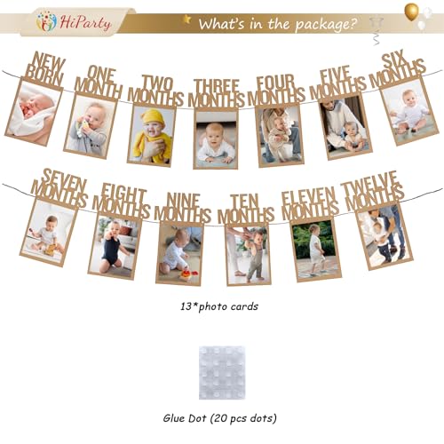 HiParty 1st Birthday Baby Photo Banner for Newborn to 12 Months, First Birthday Decorations for Boys or Girls, First Birthday Photo Banner Pre-Strung with Frame,Monthly Milestones Birthday Party Kit