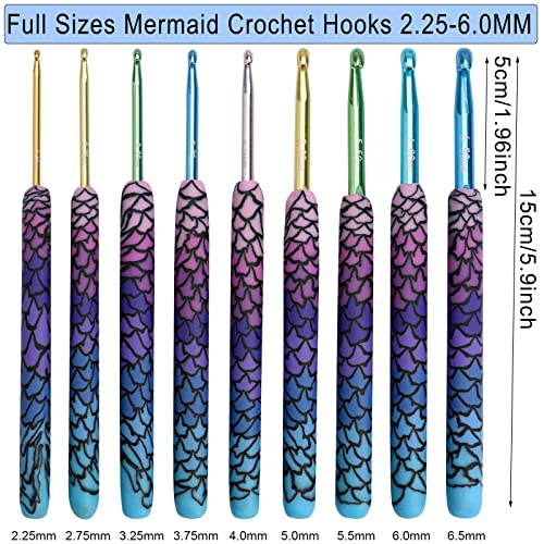 LOOEN 9pcs Magic Mermaid Crochet Hoook Solft Warm Crochet Hook Kit Complete 2.0-6.0mm Aluminum Knitting Hook for Crochet Yarn Craft (Patent Pending) (Mermaid)