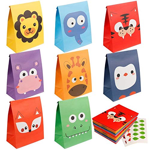 Mocoosy 24 PCS Animal Party Favor Gift Bags, Kids Goodie Bags for Birthday Party, Paper Candy Treat Bags Small Gift Wrap Bags for Jungle Safari Theme Party Baby Shower Supplies