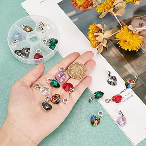 PH PandaHall 6 Colors Heart Glass Charms 30pcs Faceted Heart Pendants Valentine Charms Crystal Dangle Charms with Bail Hanger Large Hole Beads for Wedding Mother Necklace Bracelets Making, Hole: 5mm