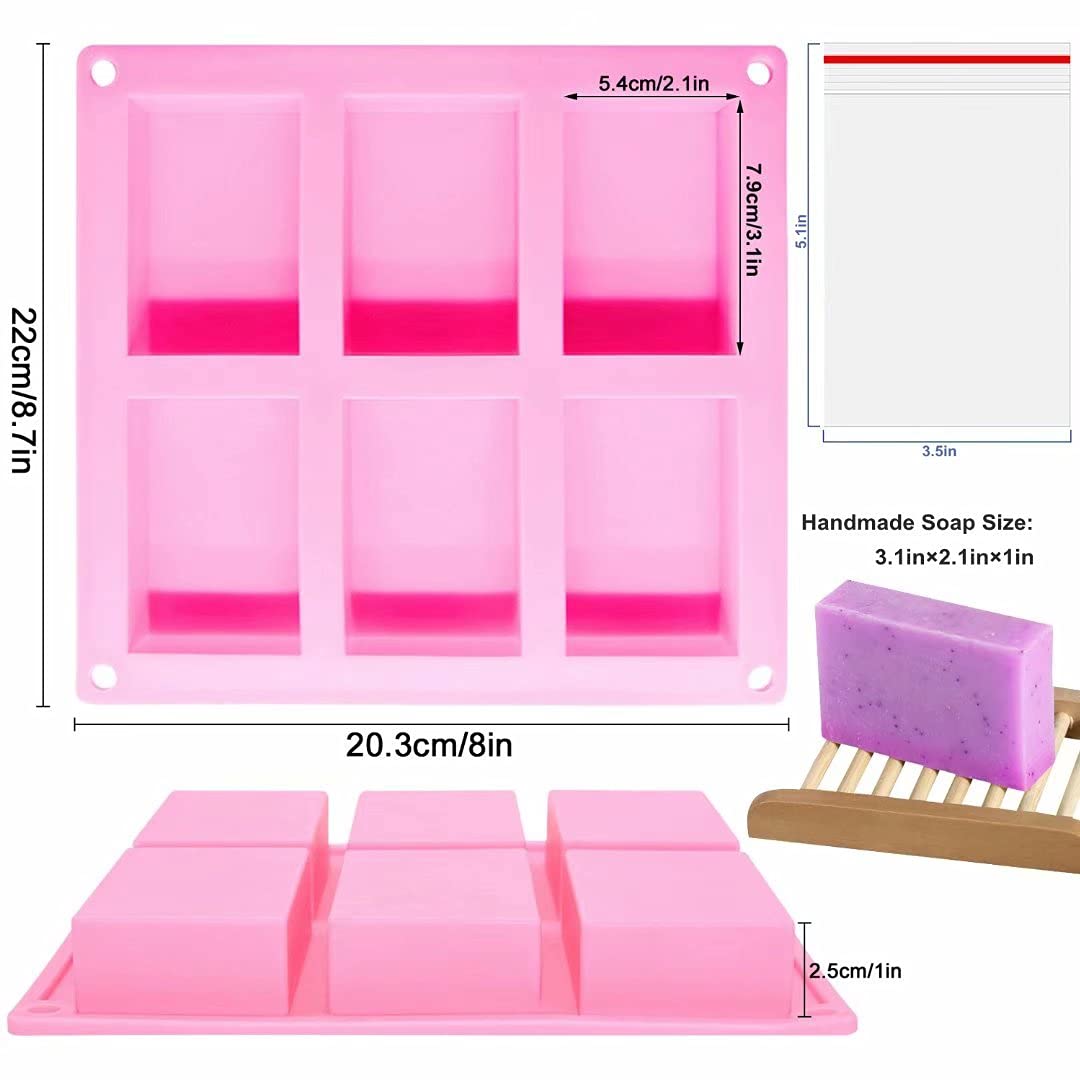 Bangp 4 Pack Silicone Soap Molds,Rectangle Soap Mold,6 Cavities Silicone Molds for Craft Soap Making,Cake Chocolate Mold,with 100pcs 3.5x5 inches Bags