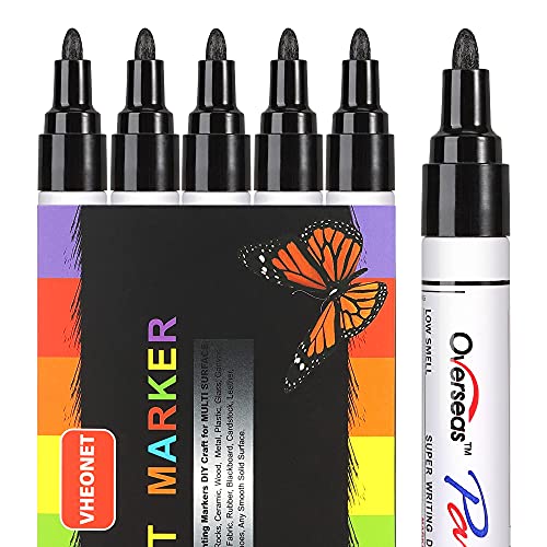 VHEONET Black Paint Markers Pens - Single Color 6 Pack Permanent Oil-Based Metallic Paint Pen, Medium Tip, Quick Dry and Waterproof Marker for Rock, Stone, Wood, Plastic, Glass, Mugs, Fabric, Canvas