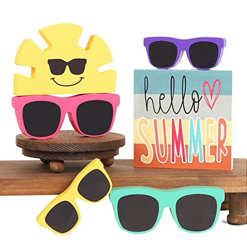 Summer Decor - 6 PCS Rustic Summer Tiered Tray Decor - Hello Summer Sunglasses Sunshine Wood Decorations - Luau Party Decorations