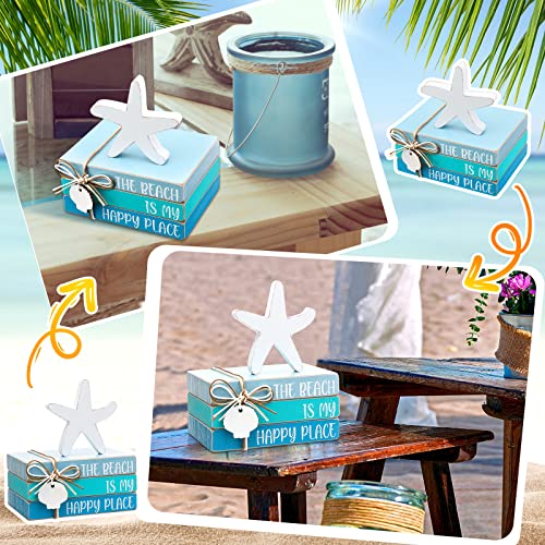 4 Pcs Starfish Shell Beach Tiered Tray Beach Blue Wooden Book Decor Wood Stacked Book Table Centerpiece for Summer Rustic Farmhouse Home Living Room Decorative(Starfish Shell)