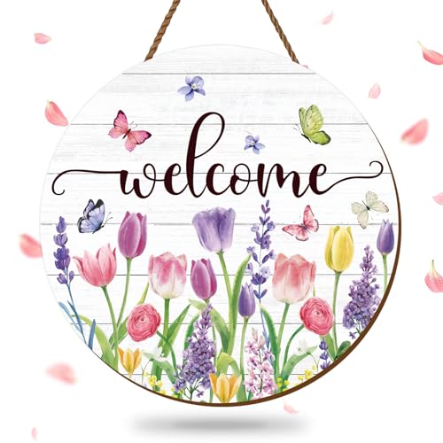 Summer Flower Welcome Door Sign Tulip Wooden Hanging Sign Floral Butterfly Door Hanger Sign for Spring Summer Holiday Indoor Outdoor Farmhouse Home Porch Window Decor