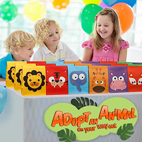Mocoosy 24 PCS Animal Party Favor Gift Bags, Kids Goodie Bags for Birthday Party, Paper Candy Treat Bags Small Gift Wrap Bags for Jungle Safari Theme Party Baby Shower Supplies