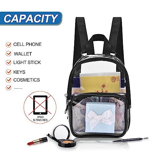 USPECLARE Clear Mini Backpack Stadium Approved, Size 7.5"x2.8"x9" for Girls, for Concert, Festival, Sport Events&Daily Use(Black)