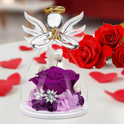Mothers Day Mom Gifts for Her,Preserved Flowers Rose in Glass Angel Figurines,Birthday Gifts for Women,Mothers Present from Daughter,Purple Flowers Angels for Grandma Wife Sister Girlfriend Valentines