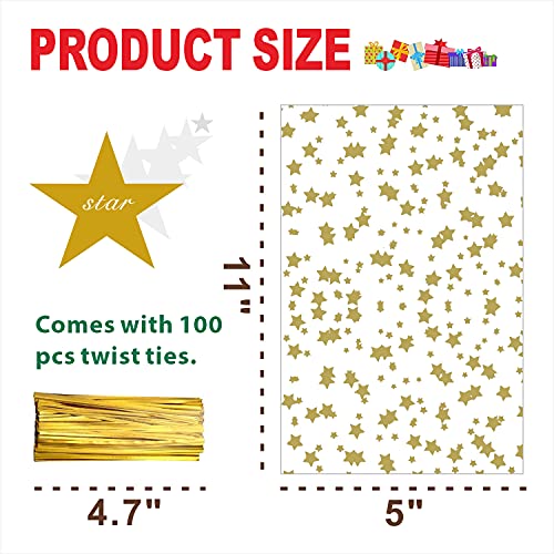 LEOSINDA 100 pcs Clear 5"X 11" Flat Gift Wrap Cellophane Bags Cello Bags Cookie Bags Treat Bags with Twist Ties Poly Bag 1.3 mil for Bakery, Cookie, Candies Gold Star Printed