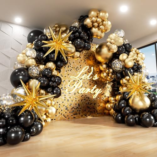 FOTIOMRG Black and Gold Balloons Garland Arch Kit, 5 10 12 18inch Black Gold Confetti Latex Balloons for Graduation New Year Anniversary Birthday Party Decorations