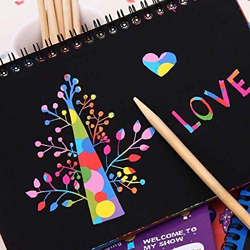 4 Pack Scratch Arts Drawing Notebook for Kids Drawing Pad, Large Rainbow Scratch Drawing Paper Set for Kids Art Supplies (with 4 Wooden Stylus & 4 Drawing Stencils）