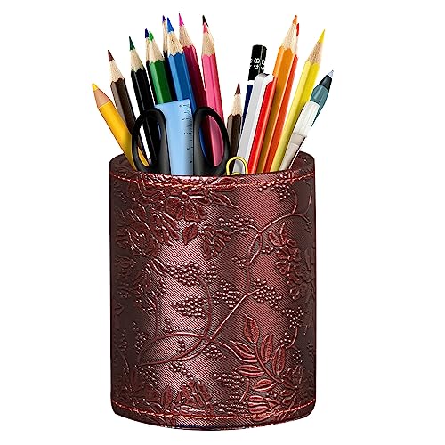 BIBELUN Pen Holder for Desk Cute, Desk Organizers and Workspace Accessories Storage, Pencil Holder Cup for Makeup Brush/Art Supplies/Stationery, Decorative Aesthetic Office Organization, PU Leather