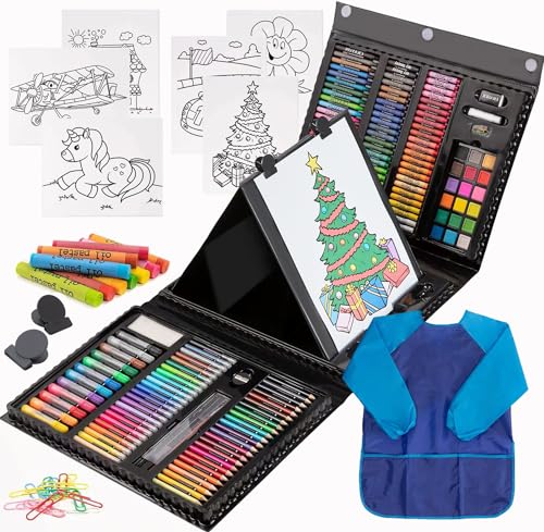 Art Supplies, 215-Piece Art Set Crafts Drawing Kit with Trifold Easel, Includes Preprinted Paper, Oil Pastels, Crayons, Colored Pencils, Smock & More Gifts for Girls Boys Teen Ages 4-6-8-9-12