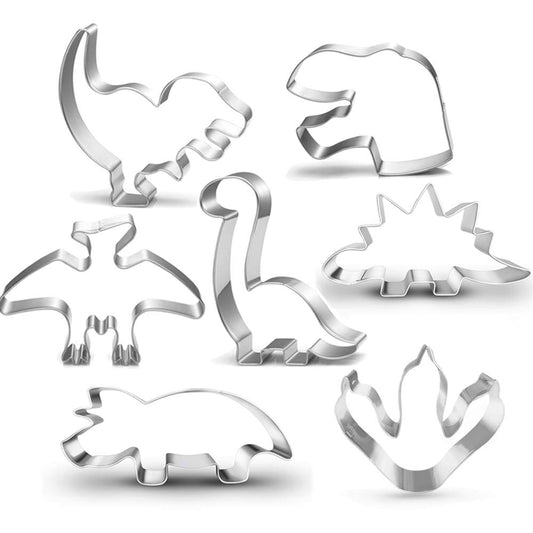 LUBTOSMN New Dinosaur Cookie Cutter Set-7 Piece-Dinosaur Footprint and Head, Tyrannosaurus(T-Rex), Brontosaurs, Spinosaurus, Triceratops, Pterodactyl, Baking Mold for Kids Dinosaur Birthday Party