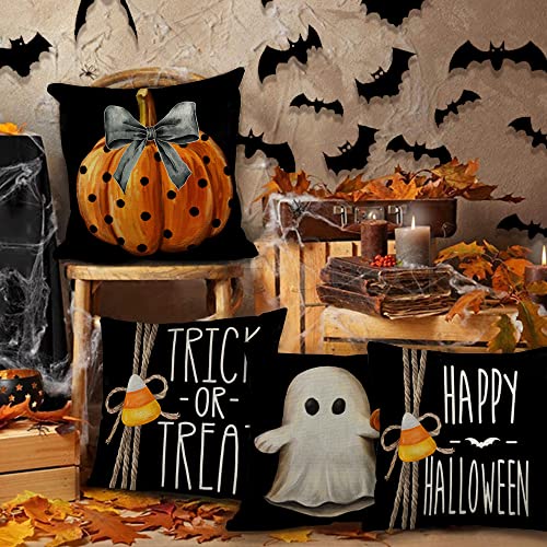 GEEORY Halloween Pillow Covers 18x18 inch Set of 4 Trick or Treat Pumpkin Ghost Throw Pillow Covers for Fall Halloween Decorations Halloween Party Pillows Decorative Pillow Covers for Couch Sofa