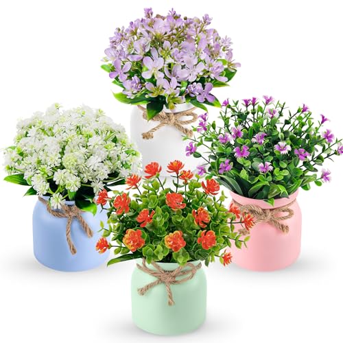 Der Rose 4 Pack Fake Flowers Small Artificial Faux Plants Indoor in Plastic Macaron Pot Spring Decor for Centerpiece Table Decorations Home Office Desk Decor
