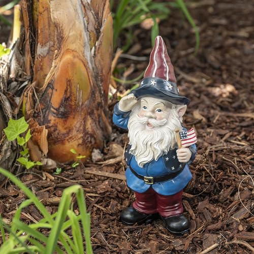 Alpine Corporation 12" Tall Outdoor Patriotic Garden Gnome Saluting Yard Statue Decoration