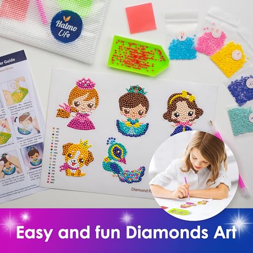 Halmolife 5D Diamond Painting Stickers Kits for Kids and Adult Beginners Gem Paint by Numbers Diamonds Arts for Boys and Girls Ages 6 7 8-12 DIY Princesses kit with Dots Gifts for Kid