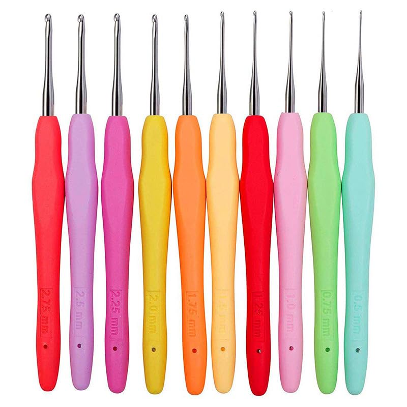 10Pcs Knitting Needles Crochet Hook - Multicolor Ergonomic Crochet Hooks Set - Rubber Handled Aluminum Crochet Hooks - Small Crochet Hooks Knitting Kit for Beginners Crochet Kit for Crocheting Yarn