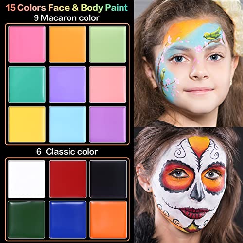 UCANBE Macaron Face Body Paint Set, 15 Colors Painting Palette Makeup Kit + 10pc Colorful Artist Brushes, Oil Base Paint Set for Halloween, Cosplay, Parties and SFX Costume