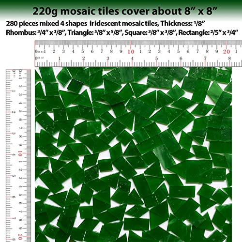 KALUCION Iridescent Green Mosaic Tiles for Crafts, 280 Pieces Mixed 4 Shapes Stained Glass Sheets, Stained Glass Supplies for Mosaic Projects