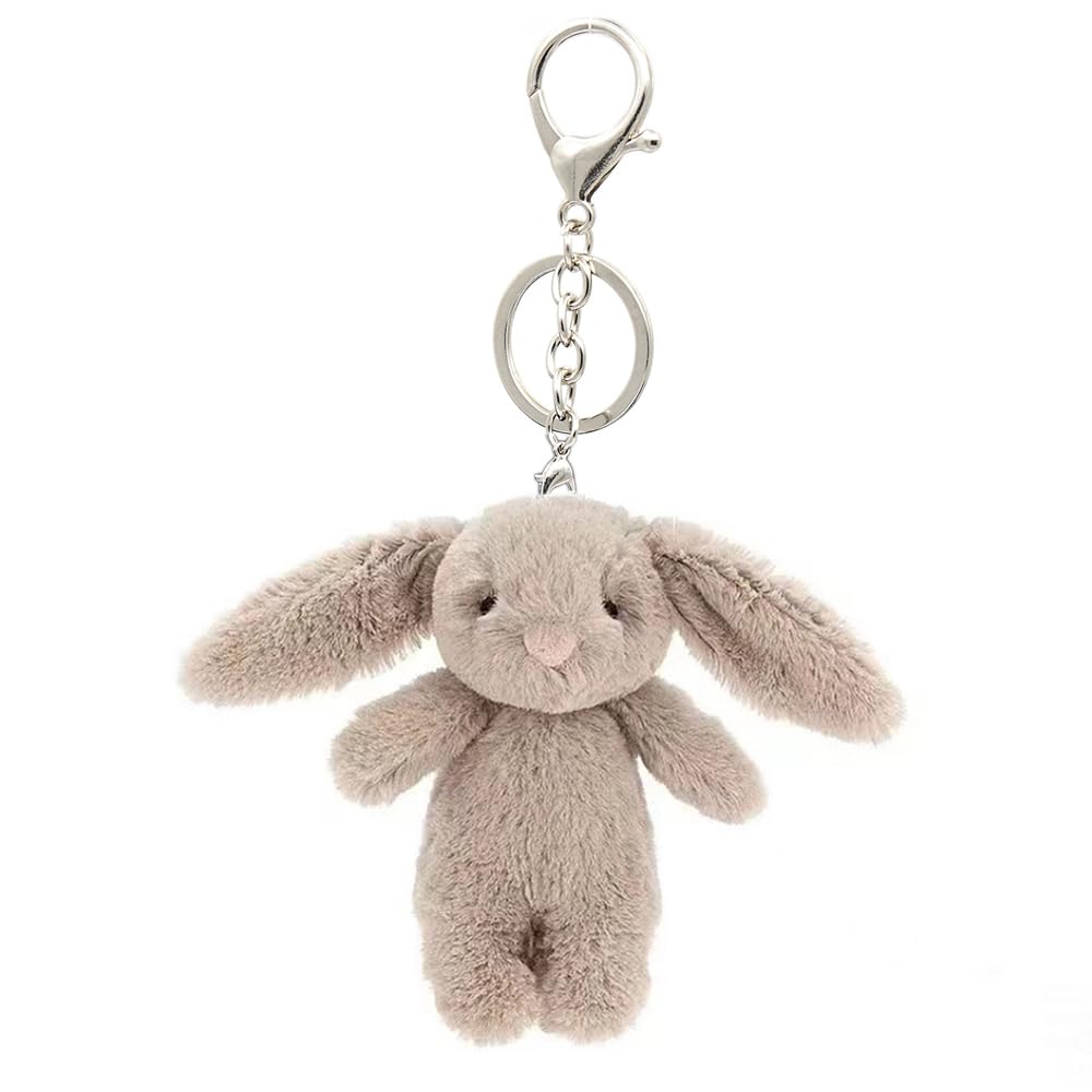 Miokkley Cute Bunny Plush Keychain for Backpack, 3.5" Inch Mini Rabbit Keychain Purse Charm Pendant Gift for Women (Gray Pink)