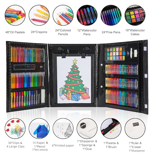 Art Supplies, 215-Piece Art Set Crafts Drawing Kit with Trifold Easel, Includes Preprinted Paper, Oil Pastels, Crayons, Colored Pencils, Smock & More Gifts for Girls Boys Teen Ages 4-6-8-9-12