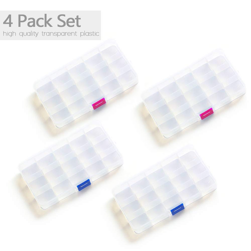 Opret Jewelry Organizer(4 Pack), SMALL Transparent Plastic Bead Organizers(15 grids) with Movable Dividers Earring Storage Containers Bead Holders, Size 6.9×3.9×0.9in