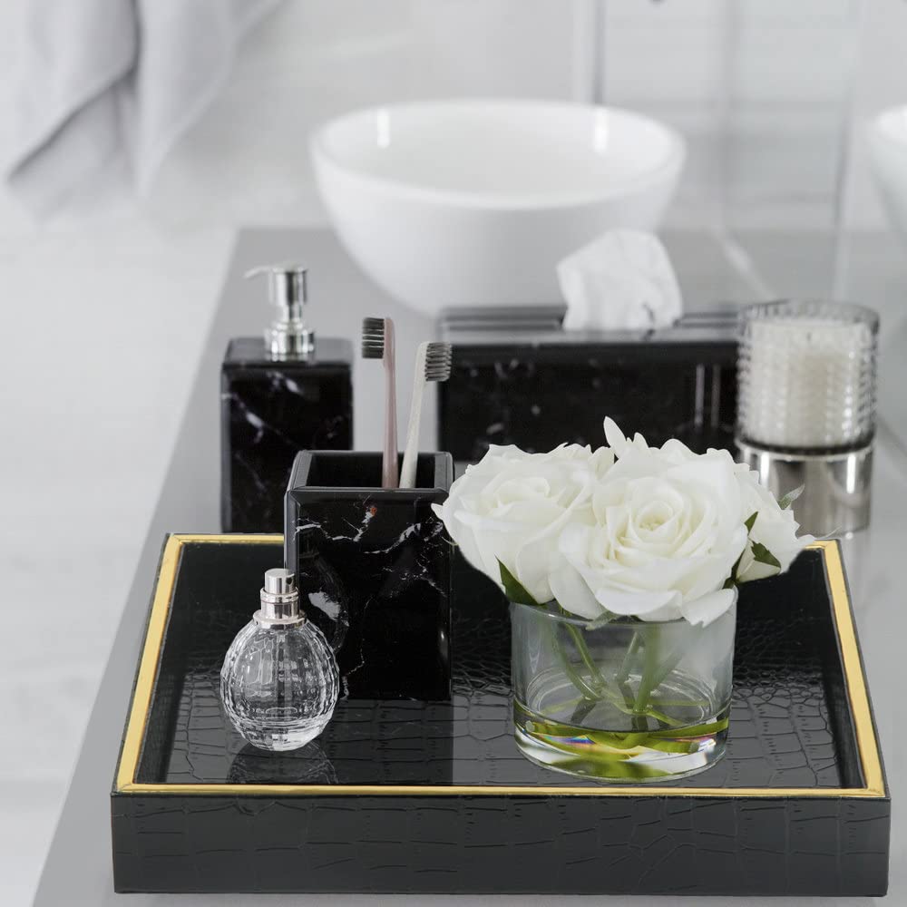 HofferRuffer Faux Leather Vanity Tray, Elegant Desktop Storage Organizer, Decorative Catchall Perfume Tray, Bathroom Valet Tray, Nightstand or Dresser Organizer (Black Croco)