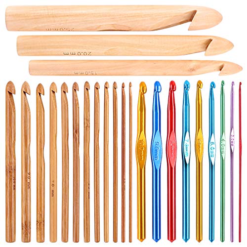 Glarks 24Pcs Crochet Hooks Set, 15Pcs 3 to 25 mm Wooden Bamboo Crochet Needle Knitting Hooks with 9Pcs 2 to 10 mm Aluminum 2-10 mm Handle Crochet Hooks for Sweater Hat Scarve Glove Knitted Weaving