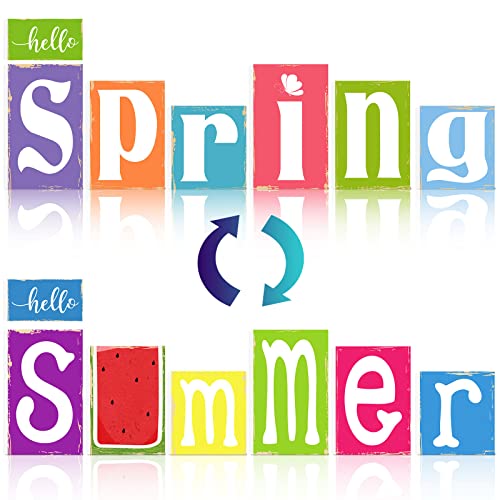 7 Pieces Summer Table Decorations Summer Wooden Sign Decorations for Home Rustic Wood Block Sign Tiered Tray Decor for Kitchen Shelf Home Farmhouse Seasonal Decor(Rustic Style)