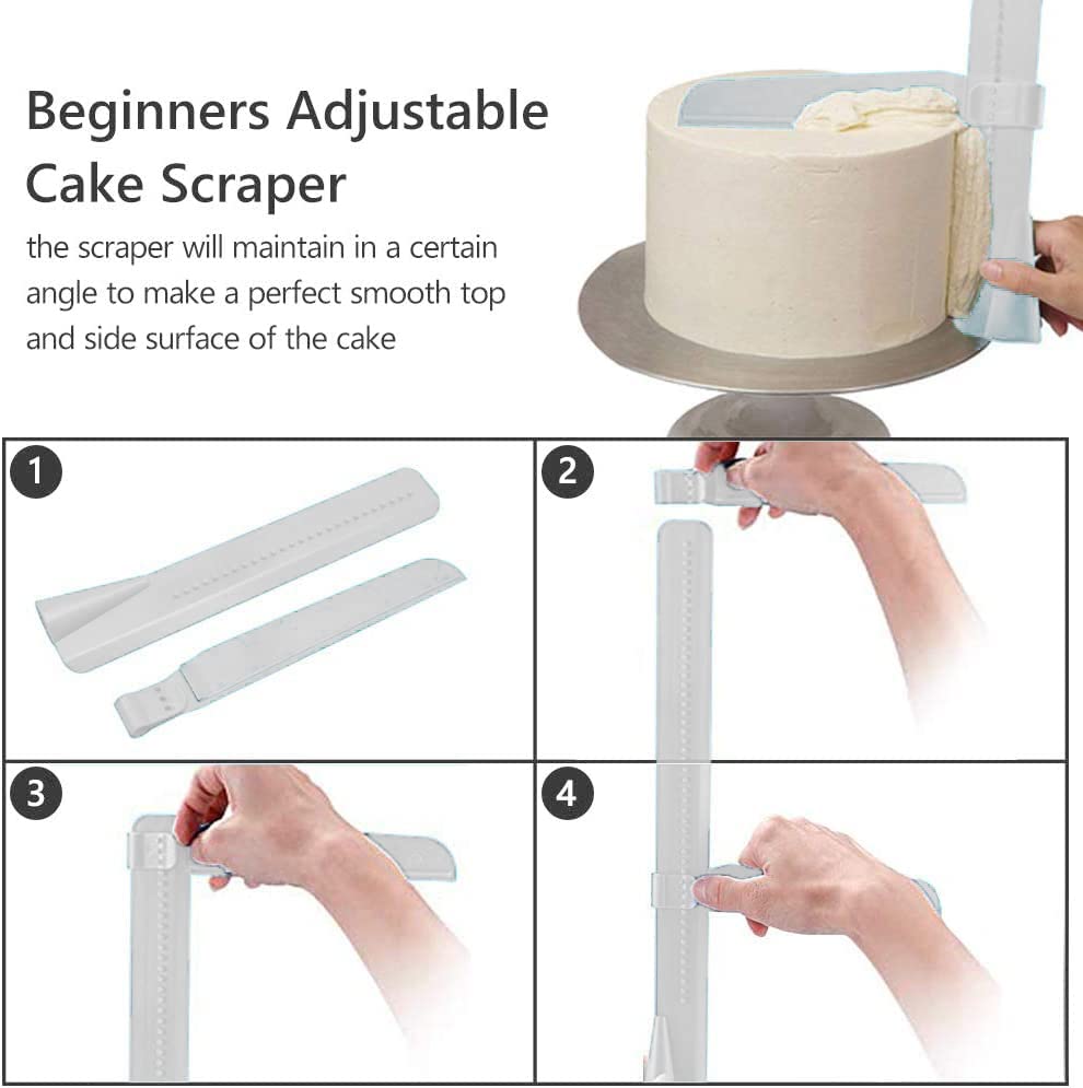 Adjustable Cake Scraper Smoother Tool,Cake Scraper Set,Double Sided Patterned Edge Smoothe Plastic Sawtooth Comb,Bench Scraper For Cake Decorating,Baking,cream Icing Smoother(4+1Pack)(Blue,White)