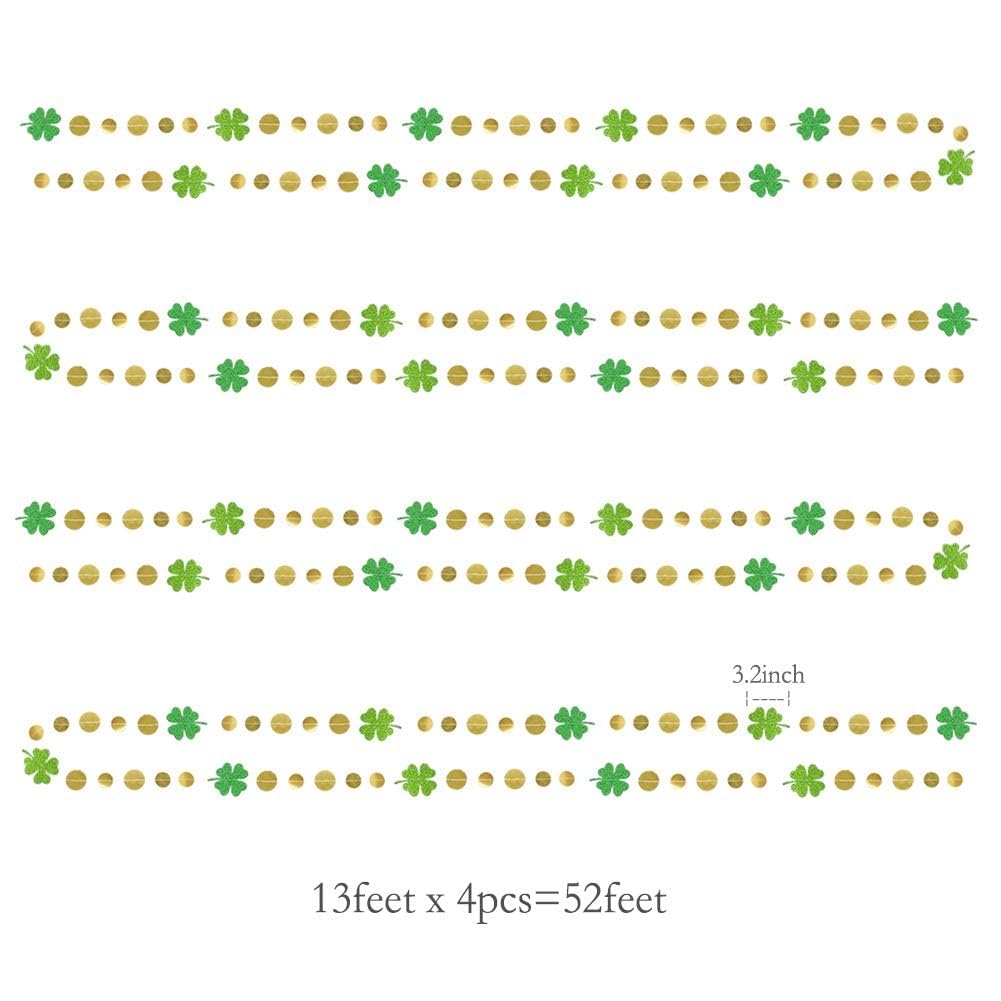 Cheerland Green Shamrock Garland St Patricks Day Decorations - 4 Leaf Clover Glitter St Paddy's Day Garland Hanging Streamers for St. Patrick's Day Irish Party Supplies and Spring Decor - 52Ft