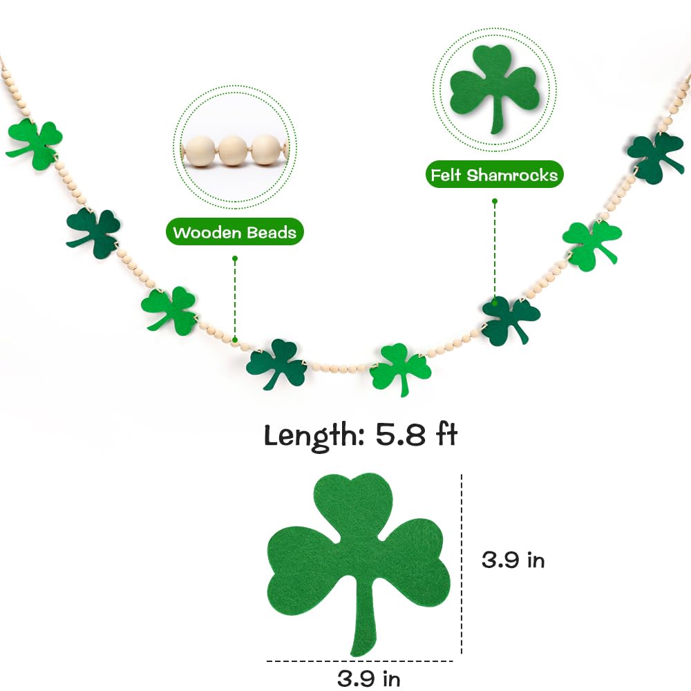 AKEROCK St Patricks Day Garland, Felt Shamrock Banner with Wooden Beads for St Patricks Day Decor, St Patricks Day Decorations for The Home, Saint Patricks Day Decorations