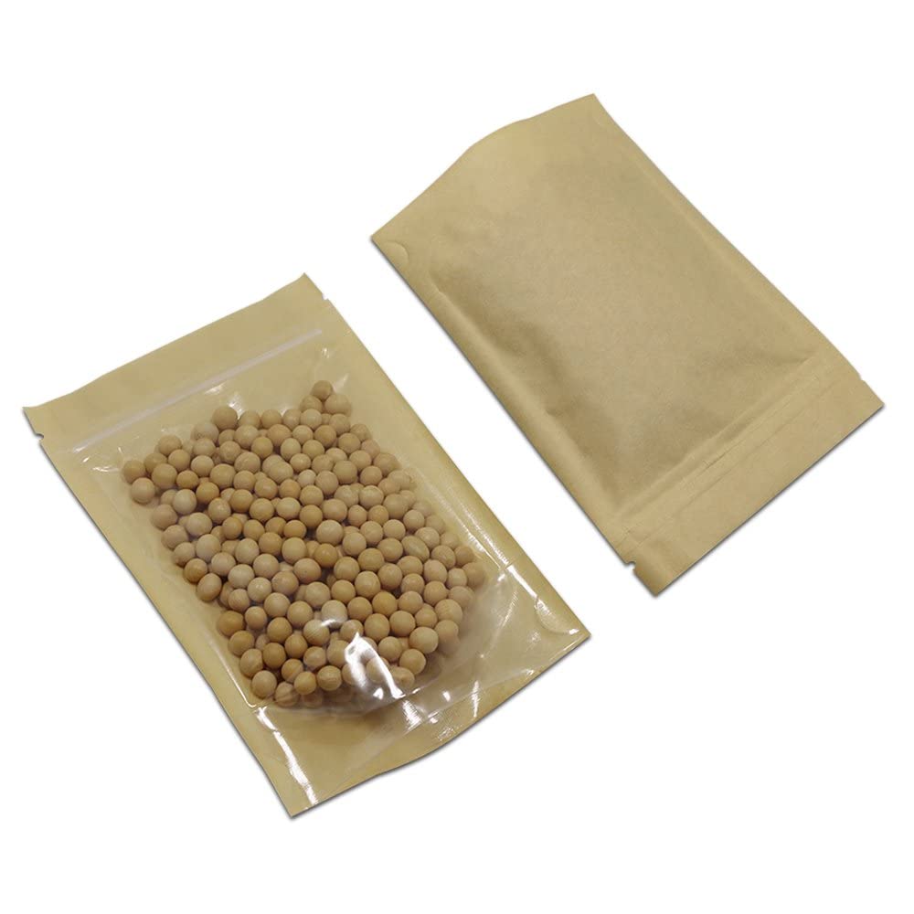 FERENLI 50 Pcs Clear Fornt Brown Kraft Paper for Zip Plastic Package Lock Bag Doypack Stand Up Pouch Zipper Lock Reclosable Pouch Nuts Coffee Food Storage Packaging Pack (3.9x5.9 inch)