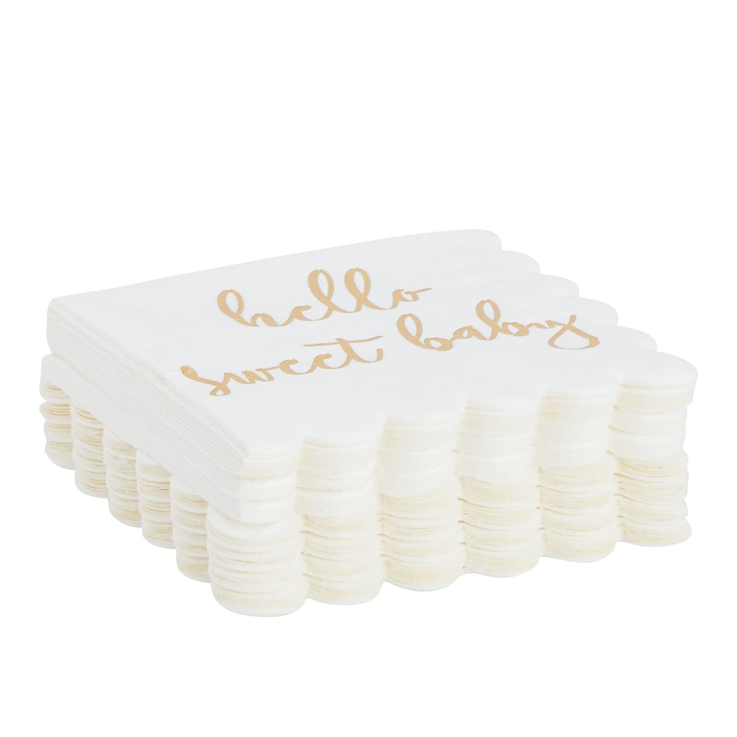 50 Pack 5x5 Inch White Scalloped Napkins with Gold Foil Hello Sweet Baby - Gender Neutral Baby Shower Napkins & Table Decor for Boy Girl Sprinkle Decorations