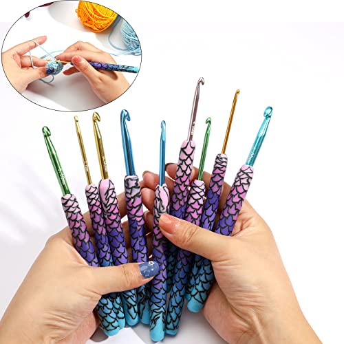 LOOEN 9pcs Magic Mermaid Crochet Hoook Solft Warm Crochet Hook Kit Complete 2.0-6.0mm Aluminum Knitting Hook for Crochet Yarn Craft (Patent Pending) (Mermaid)