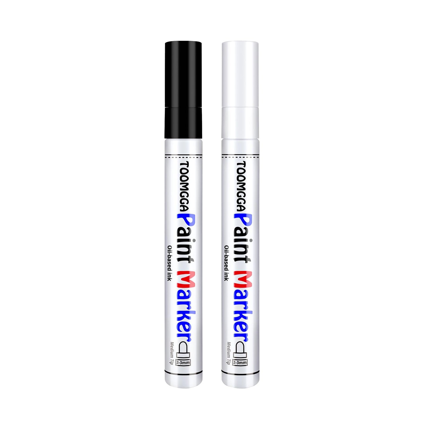 TOOMGGA White and Black Permanent Markers Paint Pens-2 Pack Oil Based Paint Markers, Medium Tip, Quick Drying Paint Pens for Wood, Metal, Rock Painting, Mugs, Fabric, Canvas, Clothes, Plastic Marking