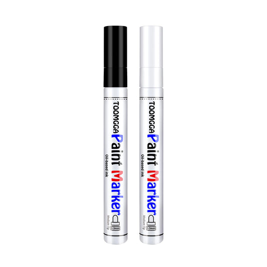 TOOMGGA White and Black Permanent Markers Paint Pens-2 Pack Oil Based Paint Markers, Medium Tip, Quick Drying Paint Pens for Wood, Metal, Rock Painting, Mugs, Fabric, Canvas, Clothes, Plastic Marking