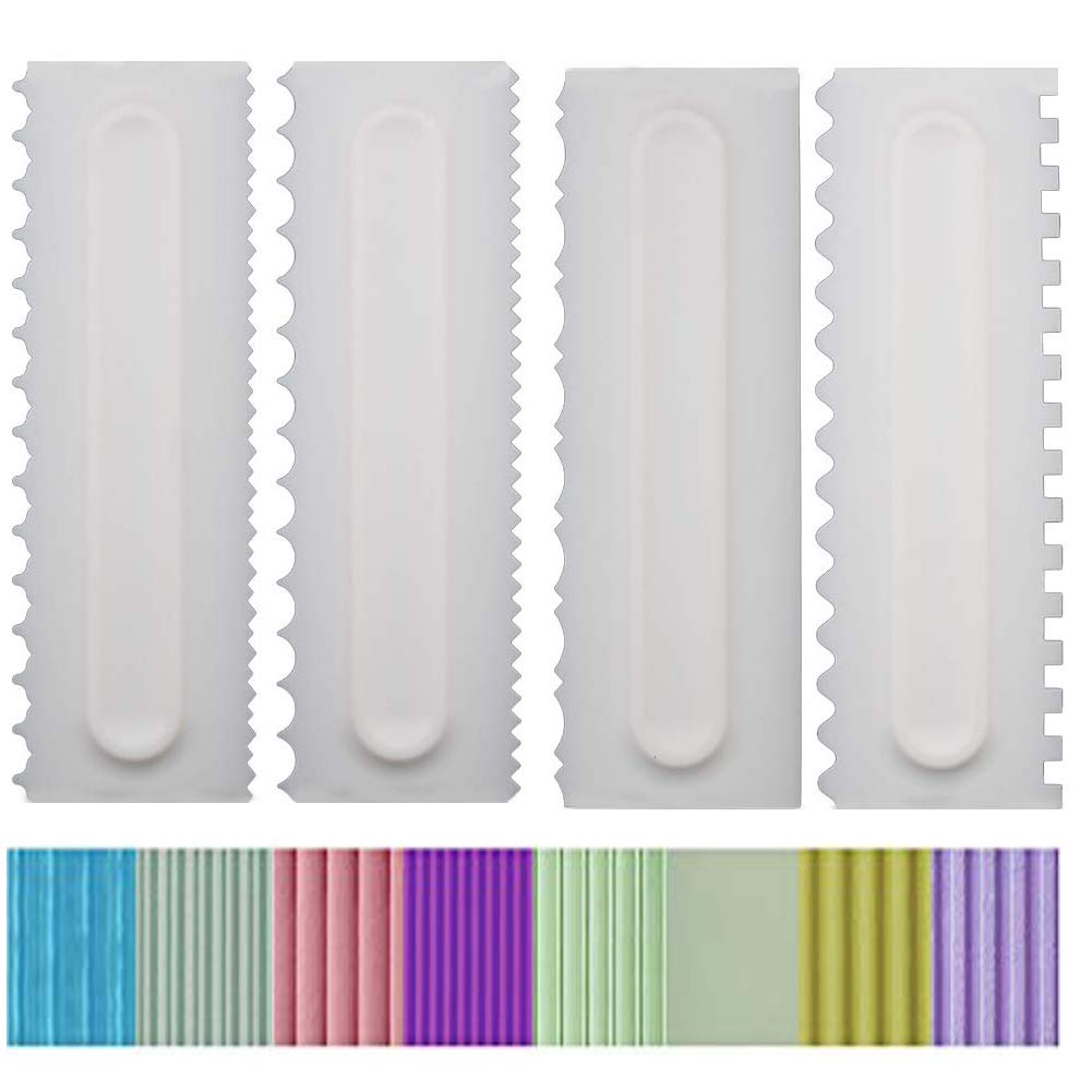Antallcky Decorating Comb and Icing Smoother Set of 4 Pack Decorating Mousse Butter Cream Cake Edge Tools, Plastic Sawtooth Cake Scraper Polisher 8 Design Textures-White