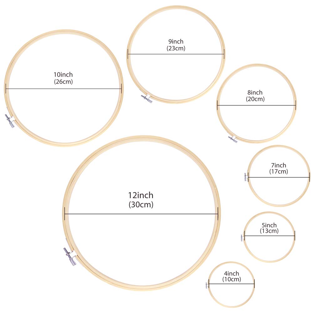 7 Pieces 7 Sizes Embroidery Hoops 4 inch to 12 inch Bamboo Circle Cross Stitch Hoop Rings for Craft Sewing and Ornaments