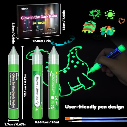 Roizefar Fabric Paint, 10 Colors Glow in the Dark Paint, 3D Permanent Acrylic Textile Paint (20 ml/0.68 oz), Neon Craft Painting Fabric Paint for Clothes, Canvas, T-Shirt, Ideal for Art Supplies and