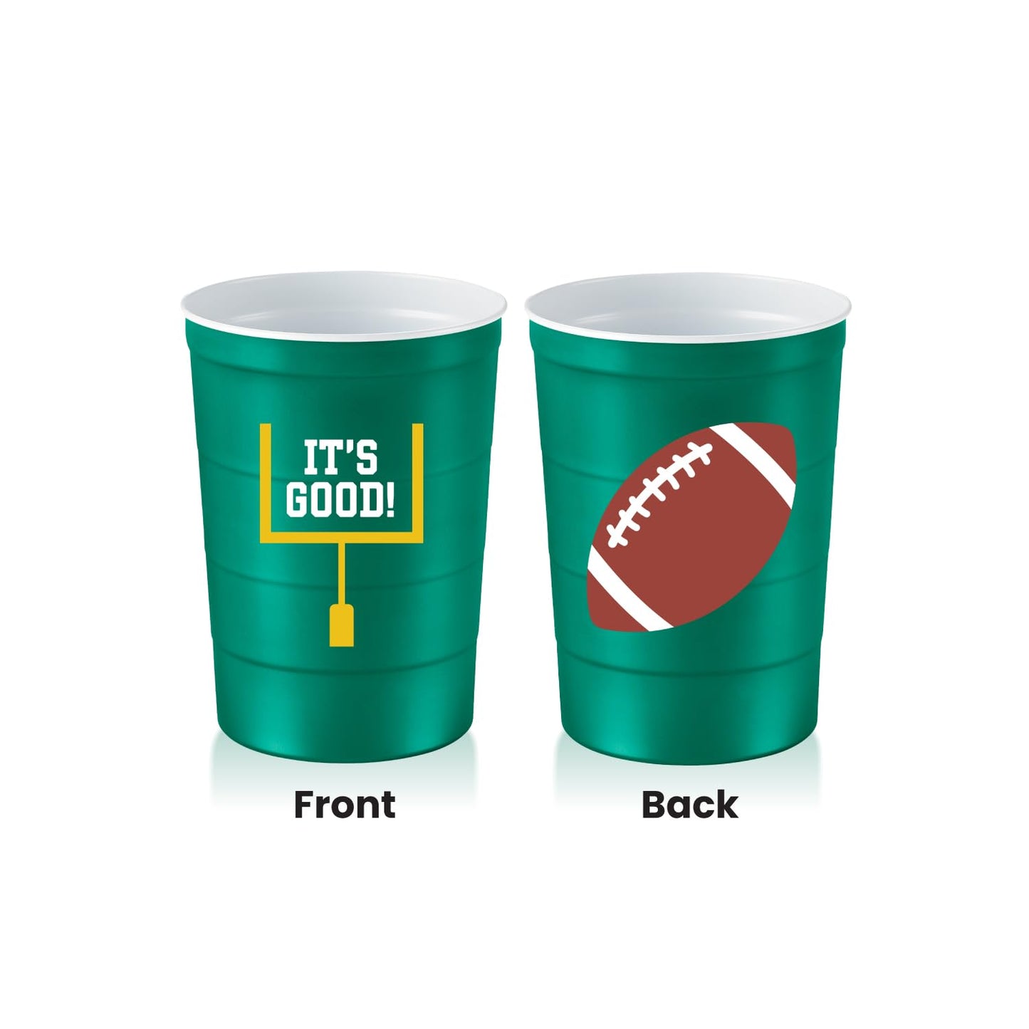 Steel Chill Cups 16 oz. Party Cup Football 'It's Good' Goal Post Design for Cold Drinks, Durable, Disposable, Recyclable, Made in USA, Green 12 Count