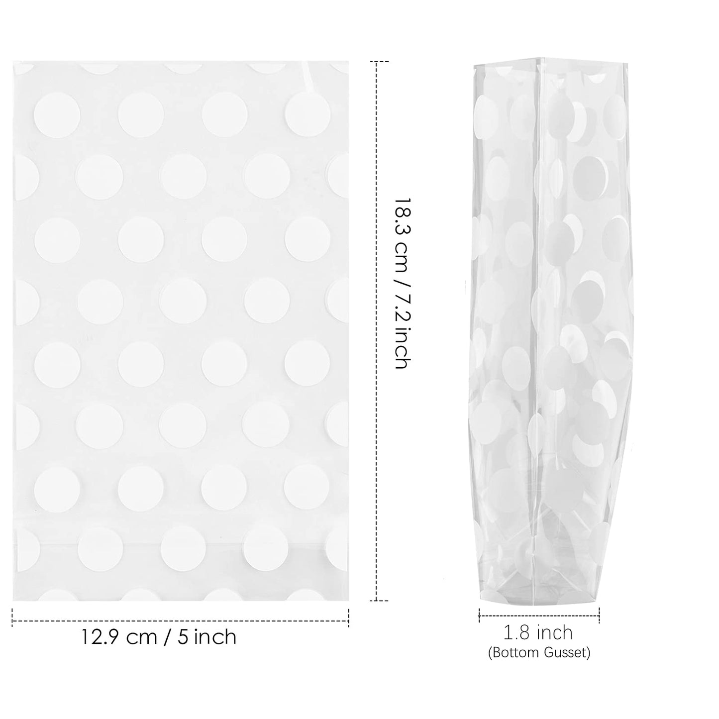 JOERSH 8.1" x 5" Bottom Gusset Clear Plastic Cookie Bags with Ties 200 Pack, White Polka Dots Pattern Small Candy Bags Treat Bags for Muffin Bakery Packaging