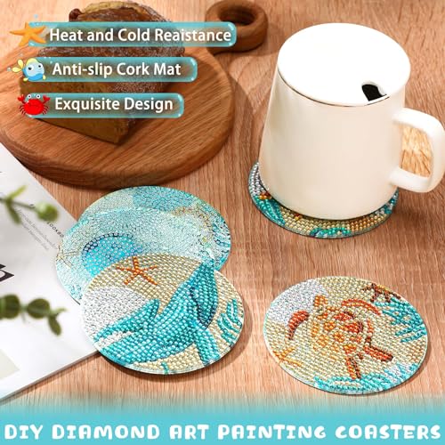 UPINS Ocean Diamond Art Painting Coaster Kit, 8Pcs DIY Crafts Kit with Holder, Non Slip Coaster Art Supplies for Adults, Ideal Christmas Gift