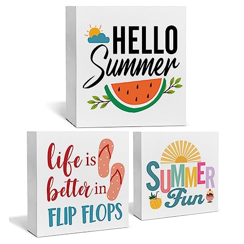 Summer Decor for Home Hello Summer Tiered Tray Decor 3 Pcs Wood Decorative Signs Table Desk Shelf Decoration